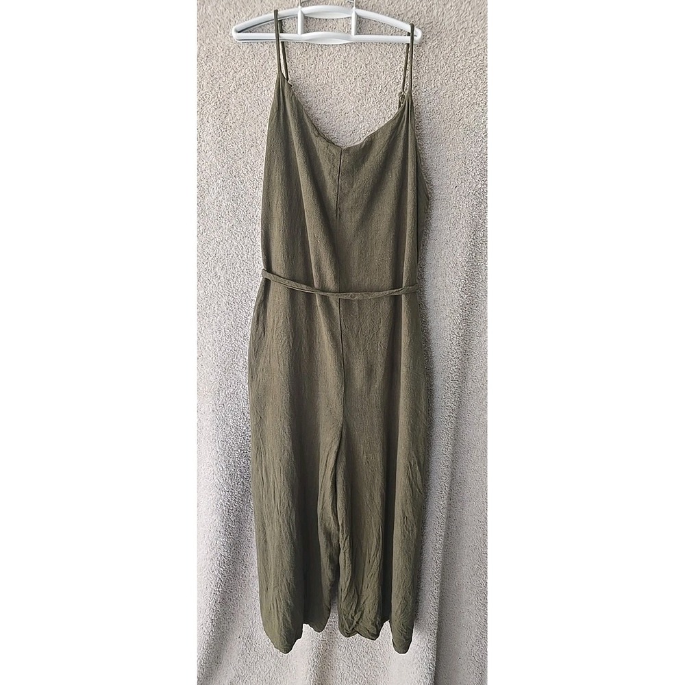 P. Cill Cropped Jumpsuit Womens M Green Pockets Linen Blend‎ Minimalist Boho
